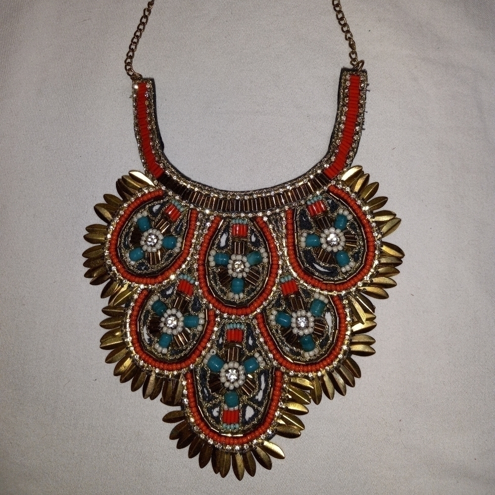 Beautiful handmade statement necklace teal blue and orange. Stunning